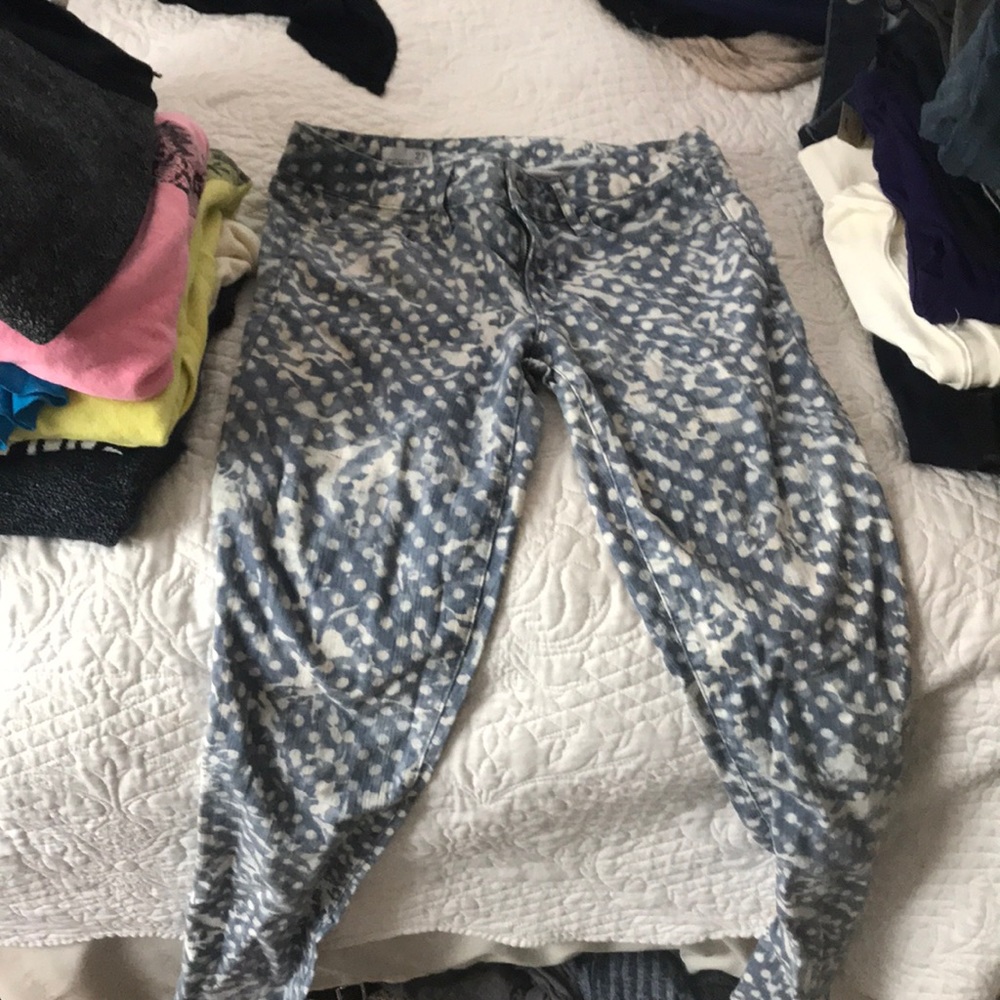 Super cute blue and white polka dot jeans